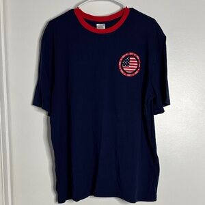 Navy Tee with Red Collar and Patriotic Emblem
